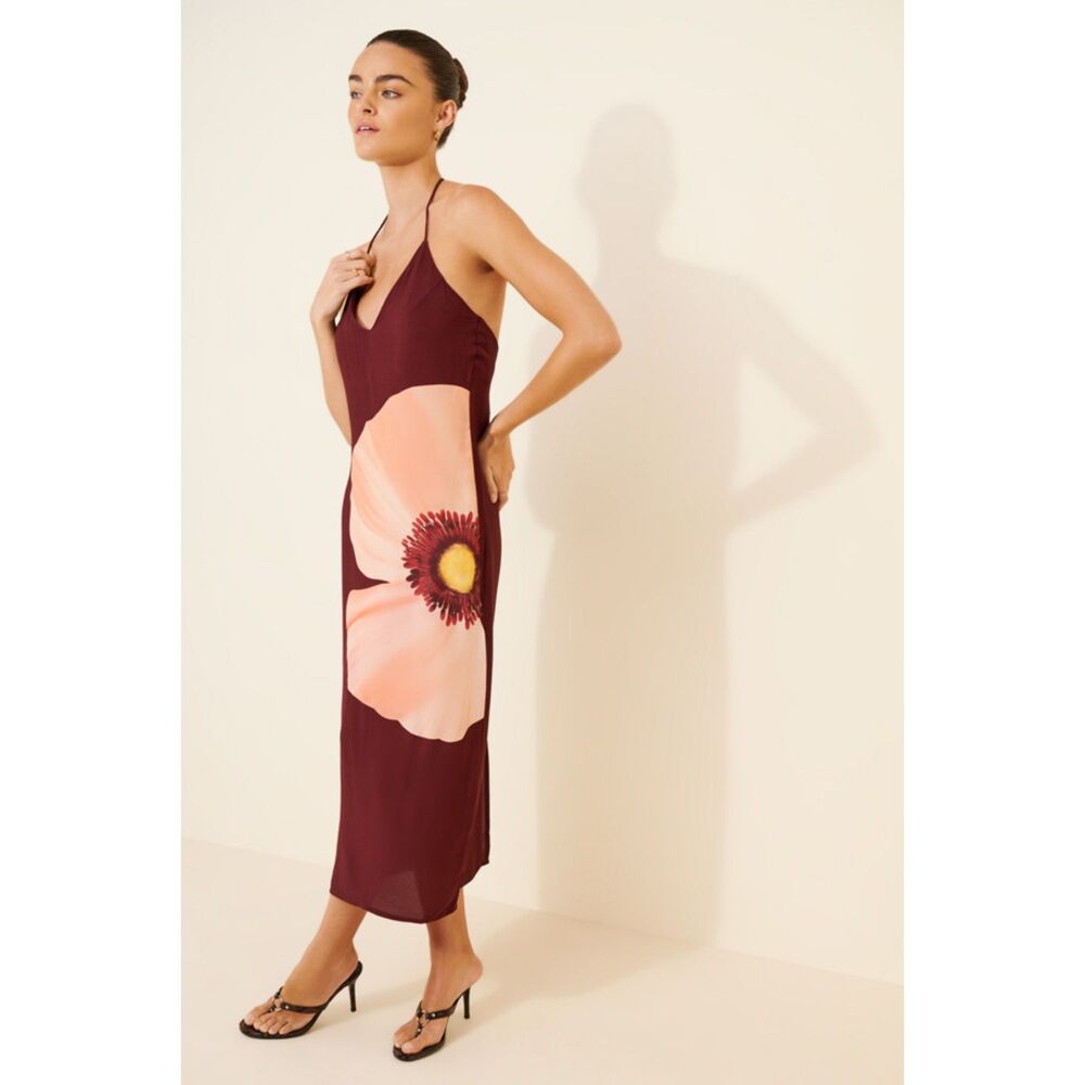 SUMMER AWAY Astoria Floral Halter Midi Dress Maroon‎ X-Large NEW NWT